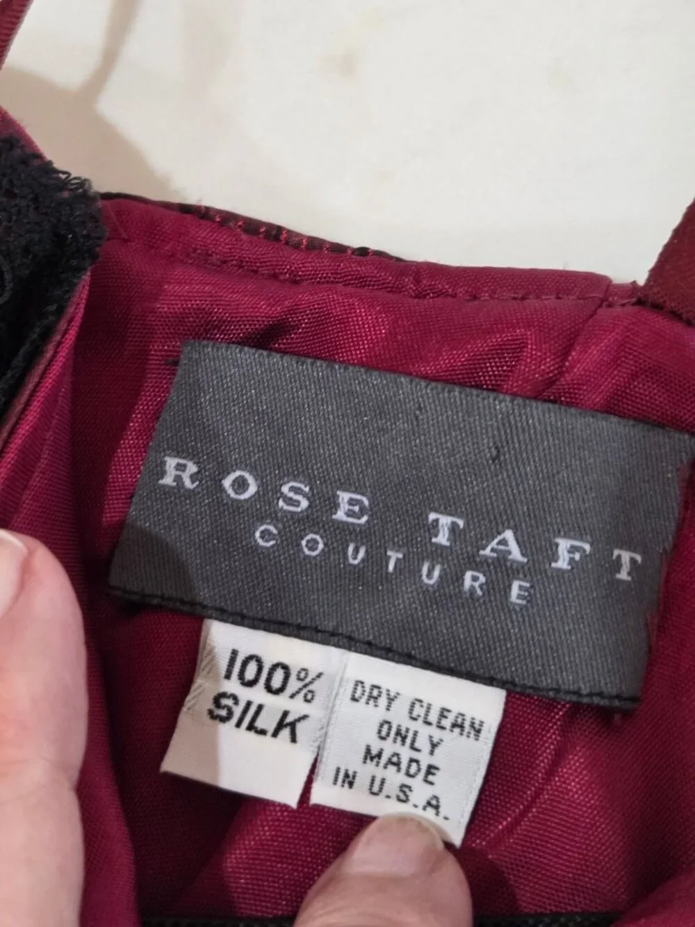 Rose Taft VTG Y2K Vamp Whimsigoth Silk Maxi Dress Burgundy Lace Appliqué Mermaid - Picture 10 of 14